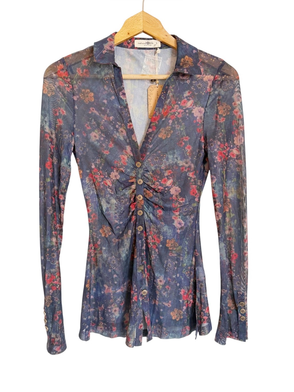 Natural Life Carina Mesh Floral Watercolor Indigo Ruched Boho Blouse size S
